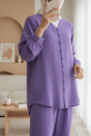 V Yaka Düğmeli Pantolonlu Ayrobin Takım  -Mor-Takım-349-7045-R34