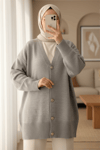 V Yaka Düğmeli Triko Hırka  -Gri-Hırka-109-9726-R11