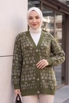 V Yaka Karışık Desenli Düğmeli Triko Hırka -Zeytin yeşili
