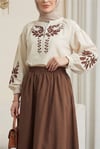 V Yaka Önü Ve Kolları Nakışlı Keten Bluz -Bej-Tunik-364-6275-R56