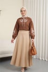 V Yaka Önü Ve Kolları Nakışlı Keten Bluz -Taba-Tunik-364-6275-R12