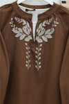 V Yaka Önü Ve Kolları Nakışlı Keten Bluz -Taba-Tunik-364-6275-R12