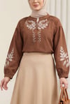 V Yaka Önü Ve Kolları Nakışlı Keten Bluz -Taba-Tunik-364-6275-R12