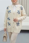 V Yaka Organze Tül Çiçek Nakışlı Triko Hırka  -Bej-Hırka-109-9739-R56