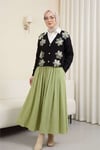 V Yaka Organze Tül Çiçek Nakışlı Triko Hırka  -Siyah-Hırka-109-9739-R01