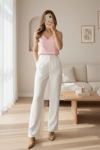 V Yaka Sıfır Kol Saten Bluz   -Pudra-Bluz-349-5083-R06