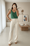 V Yaka Sıfır Kol Saten Bluz  -Zümrüt-Bluz-349-5083-R17