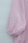 V Yaka Yarım Düğmeli Kolu Lastikli Parçalı Müslin Elbise  -Pembe-Elbise-430-3007-R20