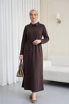 Yakalı  Düğmeli Beli Bağlamalı Penye Elbise  -K. Kahve-Elbise-349-5326-R54