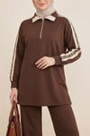 Yakalı Yarım Fermuarlı Yanları Desenli Penye Takım  -Kahve-Takım-349-8036-R15