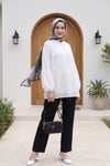 Yakası Bağcıklı Düğmeli Astarlı Nakışlı Oversize Keten Tunik -Beyaz