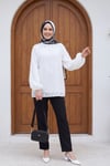 Yakası Bağcıklı Düğmeli Astarlı Nakışlı Oversize Keten Tunik -Beyaz