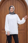Yakası Bağcıklı Düğmeli Astarlı Nakışlı Oversize Keten Tunik -Beyaz