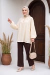 Yakası Bağcıklı Düğmeli Astarlı Nakışlı Oversize Keten Tunik -Sarı