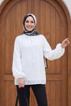 Yakası Bağcıklı Düğmeli Astarlı Nakışlı Oversize Keten Tunik -Beyaz
