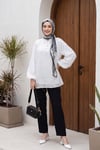 Yakası Bağcıklı Düğmeli Astarlı Nakışlı Oversize Keten Tunik -Beyaz