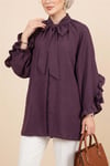 Yakası Bağcıklı Fermuarlı Kolu Fırfırlı Kemerli Modal Tunik -Mürdüm-Tunik-307-0059-R09