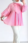 Yakası Bağcıklı Kolları ve Eteği Pliseli Tunik -Pembe-Tunik-223-3041-R20