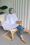 Yakası Bağcıklı Kolları ve Eteği Pliseli Tunik -Beyaz-Tunik-223-3041-R02