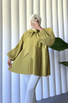 Yakası Bağcıklı Kolları ve Eteği Pliseli Tunik -Yağ Yeşili-Tunik-223-3041-R72