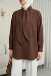 Yakası Bağlamalı Düğmeli Oversize Gömlek -Kahve-Gömlek-120-1637-R15