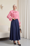 Yakası Bağlamalı Güpür Dantelli Kolları Volanlı Cupra Ayrobin Gömlek  -Pembe-Bluz-370-34533-R20