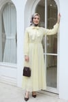 Yakası Bağlamalı Kemerli Astarlı Reglan Kol Elbise -Açık Sarı