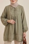 Yakası Bağlamalı Kolu Lastikli Garnili Modal Tunik  -Zeytin-Tunik-307-0124-R59