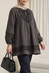 Yakası Bağlamalı Kolu Lastikli Garnili Modal Tunik  -K. Kahve-Tunik-307-0124-R54