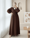 Yakası Bağlamalı Kolu Ve Beli Lastikli Müslin Elbise    -Kahve-Elbise-346-3071-R15