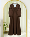 Yakası Bağlamalı Kolu Ve Beli Lastikli Müslin Elbise    -Kahve-Elbise-346-3071-R15