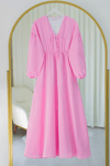 Yakası Bağlamalı Kolu Ve Beli Lastikli Müslin Elbise -Pembe-Elbise-346-3071-R20
