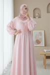Yakası Bağlamalı Kolu Ve Beli Lastikli Müslin Elbise -Pudra-Elbise-346-3071-R06