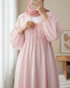 Yakası Bağlamalı Kolu Ve Beli Lastikli Müslin Elbise -Pudra-Elbise-346-3071-R06