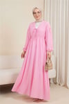 Yakası Bağlamalı Kolu Ve Beli Lastikli Müslin Elbise -Pembe-Elbise-346-3071-R20