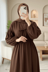 Yakası Bağlamalı Kolu Ve Beli Lastikli Müslin Elbise    -Kahve-Elbise-346-3071-R15
