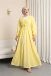 Yakası Bağlamalı Kolu Ve Beli Lastikli Müslin Elbise -Sarı-Elbise-346-3071-R22