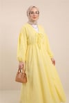 Yakası Bağlamalı Kolu Ve Beli Lastikli Müslin Elbise -Sarı-Elbise-346-3071-R22