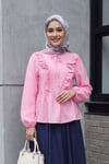 Yakası Bağlamalı Önü Fırfırlı Kolu Lastikli Krinkıl Bluz -Pembe