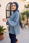 Yakası Bağlamalı Yarım Düğmeli Astarlı Oversize Tül Vual Bluz -Petrol