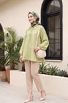 Yakası Bağlamalı Yarım Düğmeli Astarlı Oversize Tül Vual Bluz -Çağla Yeşili