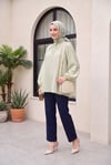 Yakası Bağlamalı Yarım Düğmeli Astarlı Oversize Tül Vual Bluz -Su Yeşili