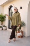 Yakası Bağlamalı Yarım Düğmeli Astarlı Oversize Tül Vual Bluz -Yağ Yeşili