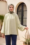 Yakası Bağlamalı Yarım Düğmeli Astarlı Oversize Tül Vual Bluz -Su Yeşili