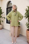 Yakası Bağlamalı Yarım Düğmeli Astarlı Oversize Tül Vual Bluz -Çağla Yeşili