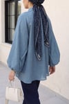 Yakası Bağlamalı Yarım Düğmeli Astarlı Oversize Tül Vual Bluz -Petrol