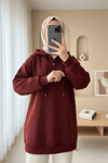 Yakası Çıtçıtlı Kapşonlu Şardonlu Üç İplik Sweat  -Bordo-Sweatshirt-349-5162-R04