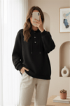 Yakası Çıtçıtlı Kapşonlu Şardonlu Üç İplik Sweat   -K. Kahve-Sweatshirt-349-5162-R54