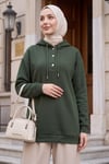Yakası Çıtçıtlı Kapşonlu Şardonlu Üç İplik Sweat    -Haki