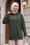 Yakası Çıtçıtlı Kapşonlu Şardonlu Üç İplik Sweat    -Haki